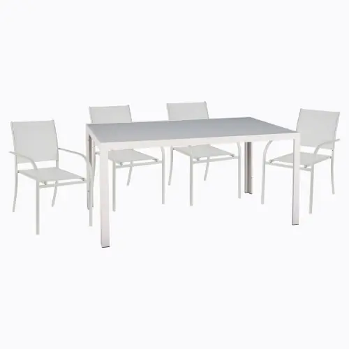 Saisonangebot ESSZIMMERSET FÜR DEN FREIEN 5-TEILIG WEISSER METALL-TISCH-WEISSE METALL-SESSEL