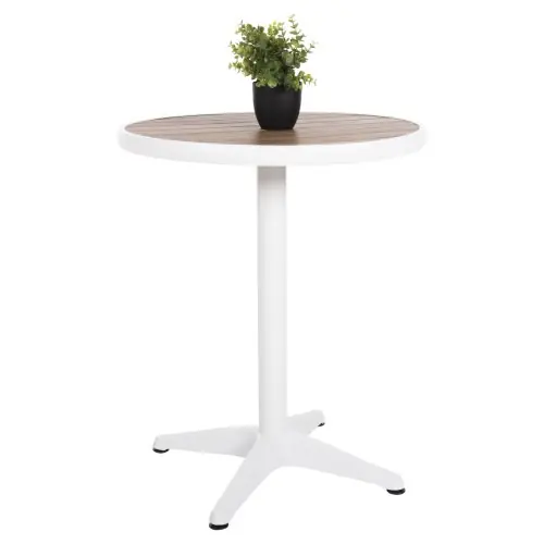 RUNDER ALUMINIUMTISCH WEIß-POLYWOOD-TOP IN NATURFARBE Φ60x73Hcm Neu Im Sortiment