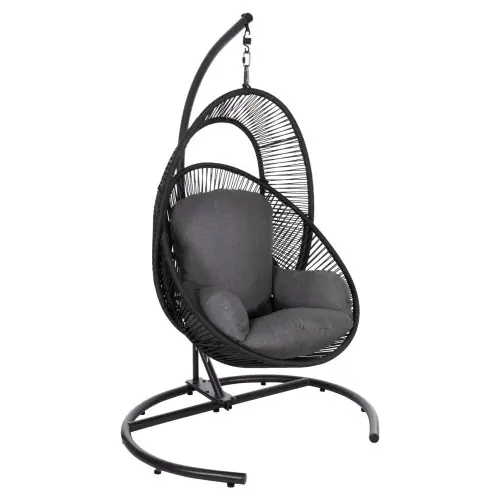 Angebot HÄNGENEST SCHWARZES METALL UND SYNTH.RATTAN-GRAUE KISSEN 120x110x190Hcm