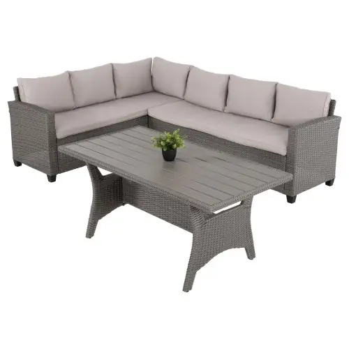 OUTDOOR-LOUNGE-SET RECHTES ECKENSOFA & TISCH GRAU SYNTHETISCHER RATTAN-KISSEN-PS-HOLZ Echt