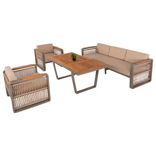 Online Kaufen OUTDOOR-SET 4-TLG. MIT SEIL, ALUMINIUM-IROKO- UND CAPPUCCINO FARBENDEM KISSEN