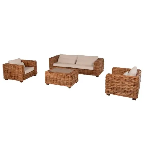 Schnäppchen OUTDOOR-LOUNGE-SET 4-TLG. TROPEL NATURRATTAN-MAHAGONI-HOLZ-WEIßE KISSEN