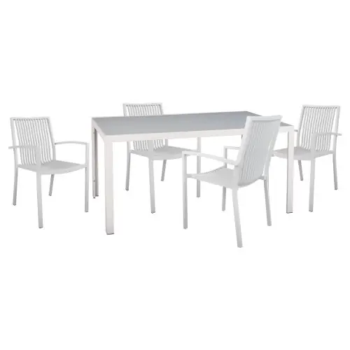 Expressversand ESSZIMMER-SET 5-TLG. BRONCA METALLTISCH - 4 SESSEL AUS ALUMINIUM - WEISS