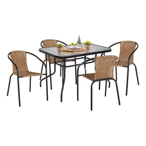 Markenprodukt OUTDOOR-ESSZIMMER-SET 5-TEILIG, SCHWARZES METALL UND NATÜRLICHES RATTAN