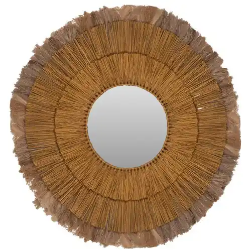 Neuheit WANDSPIEGEL RUND MENDONG-GRAS UND ABACA-FASERN IN NATUR & GOLD 80x4x80Hcm
