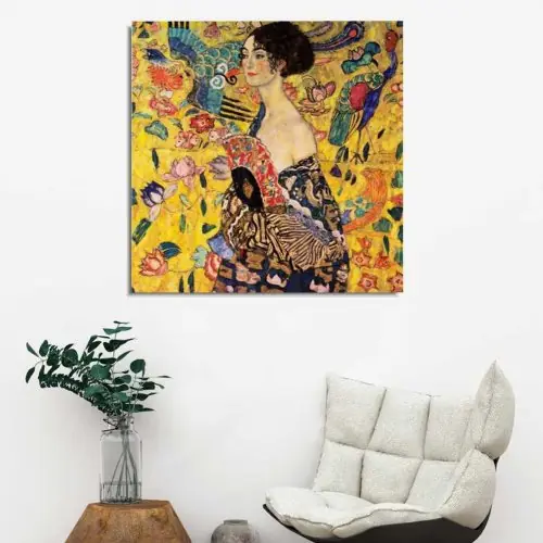 Angebot Wand Deko Leinwand Malerei "Dame mit Fecher - Gustav Klimt" 45Χ3Χ45 cm