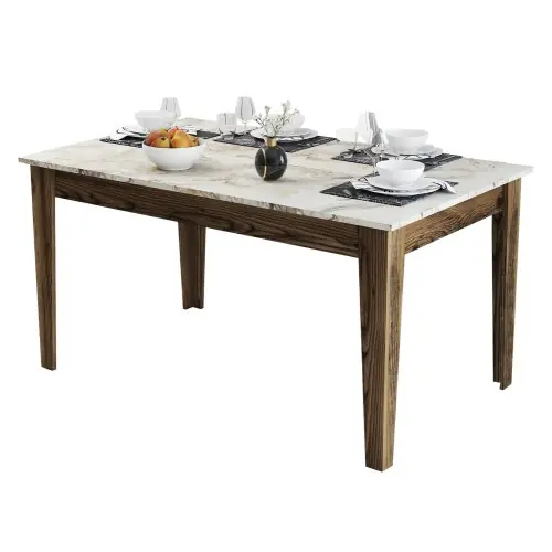 Billig ESSTISCH MELAMIN NUSSBAUM-WEIßER MARMOR-OPTIK MIT STAURAUM 145x88x75cm