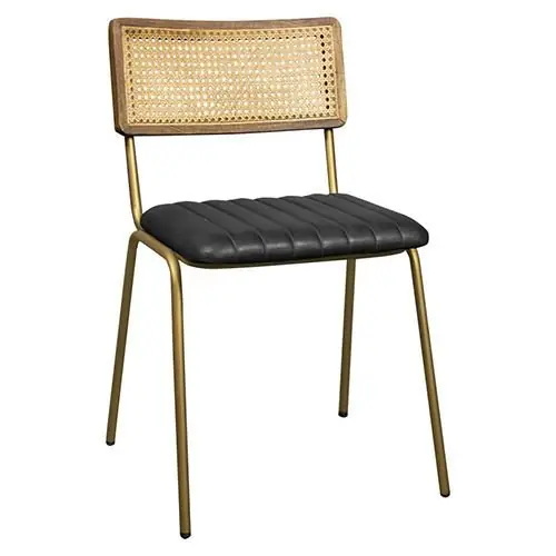 Garantierte Lieferung Stuhl "Jens" aus 100% echtem Büffelleder mit Rattanrücken und Metallbeinen in Farbe Schwarz