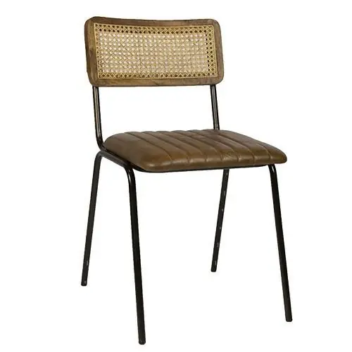 Nur Für Kurze Zeit Stuhl "Jens" aus 100% Büffelleder mit Rattanrücken und Metallbeinen in Farbe Cognac