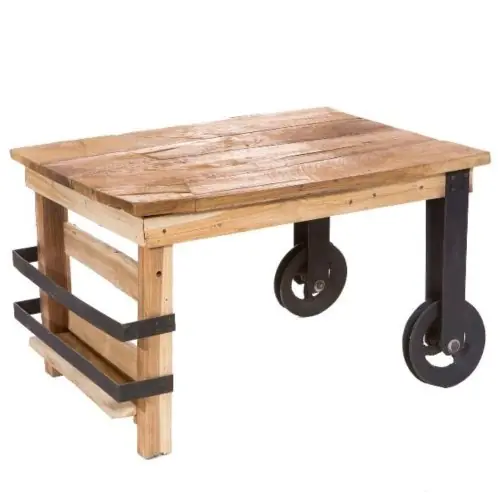 Wohnzimmertisch aus Teakholz mit Metallrädern und Zeitungshalter Sonderangebot
