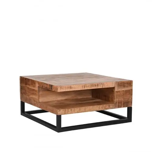 Neue Ware Couchtisch Cube 80x80x40 cm Raues Mangoholz | Schwarzes Metall