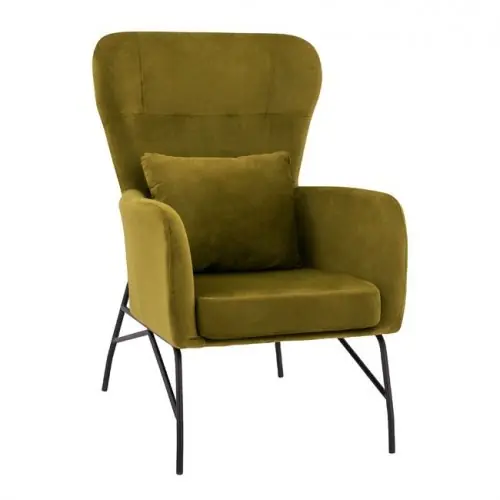 Jetzt Kaufen Sessel "DANIA" aus Samt Olive Farbe mit schwarzen Metallbeinen