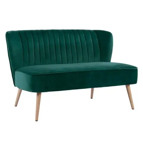 Abverkauf Zweisitzer ANDY Sofa mit Samtstoff in Farbe Grün und Holzbeinen in Naturton.