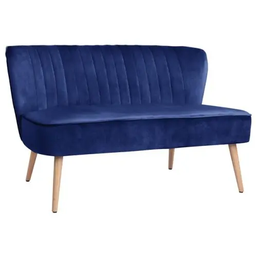 Zweisitzer ANDY Sofa mit Samtstoff in Farbe Blau und Holzbeinen in Naturton. Highlight