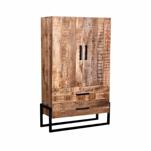 Hochschrank Bolivien 2-Türig 100x40x160 Cm Raues Mangoholz | Schwarzes Metall Mega-Angebot