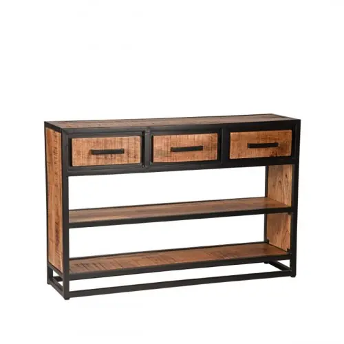 Geprüft Beistelltisch Tampa 115x30x75 cm Raues Mangoholz | Schwarzes Metall