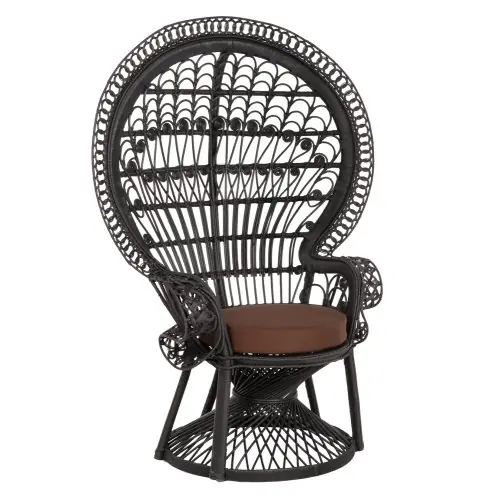 Sonderangebot ARMCHAIR ROYAL PEACOCK RATTAN IN BLACK- CUSHION BROWN 114x72x150Hcm