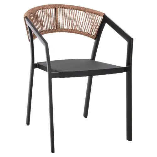 Sofort Bestellen SESSEL ALUMINIUM SCHWARZER RAHMEN UND TEXTLINE - RÜCKENLEHNE AUS RATTAN IN BEIGE 57x63x82Hcm