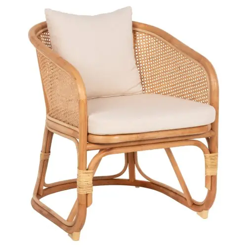 Preisknaller SESSEL NIKO RATTAN IN NATURPOLIERTER FARBE-WEIßE KISSEN 61x72x75-80Hcm