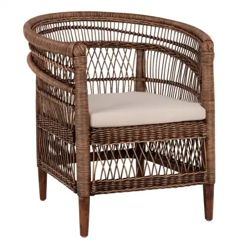 SESSEL MALAWI MAHAGONIHOLZ MIT RATTAN IN BRAUN MIT WEIßEM KISSEN 80x70x86Hcm Rabatt