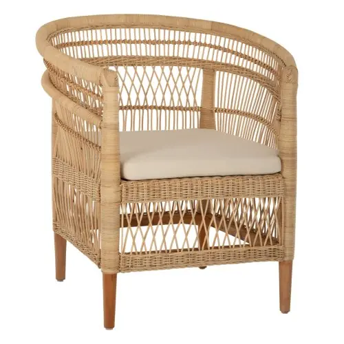 SESSEL MALAWI MAHAGONIHOLZ MIT RATTAN IN NATÜRLICH MIT WEIßEM KISSEN 80x70x86Hcm Sonderangebot