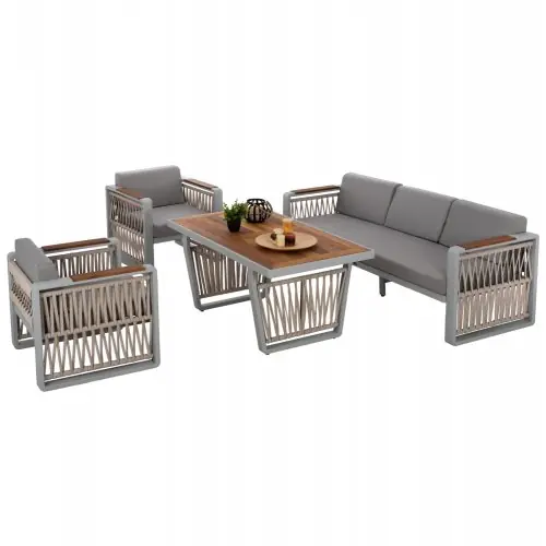 OUTDOOR SET 4TLG ALUMINIUM MIT SEIL IROKO & GRAUEN KISSEN - Nächstes Erscheinungsdatum: 17/05/2023 Neue Kollektion
