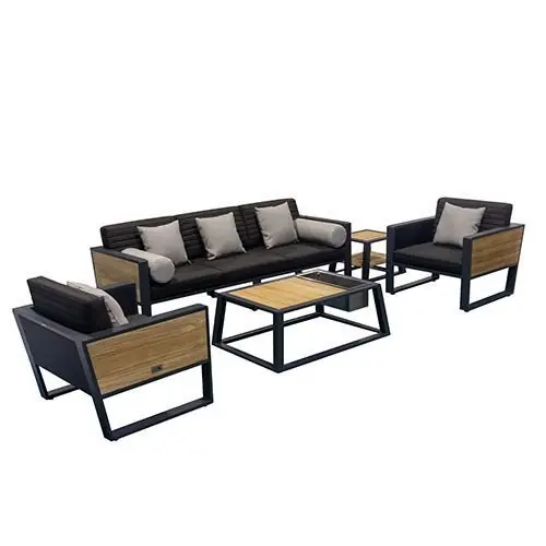 Outdoor Lounge Set "York" in schwarzem anthrazit Aluminiumrahmen und Teakholz Elementen und weißem Polster mit 3-Sitzer Sofa Aktuell
