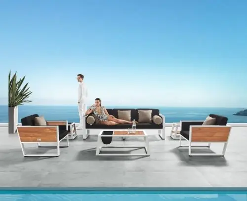 Must-Have Outdoor Lounge Set "York" in weißem Aluminiumrahmen und Teakholz Elementen mit 3-Sitzer Sofa