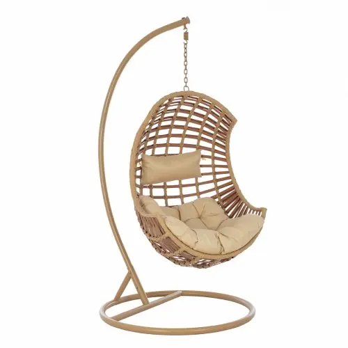 Hängesessel beige in Naturgeflecht mit Kissen (Wicker/Rattan) Online Kaufen