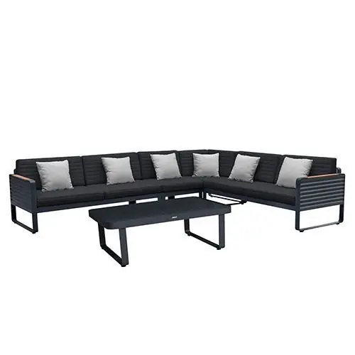LOUNGE ECK-SET "AIRPORT" 6-TELIG IN SCHWARZ AUS ALUMINIUM UND TEAK Letzte Chance