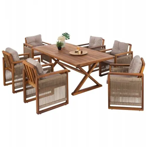 OUTDOOR 7-TLG. ESSTISCH-SET AUS IROKO MASSIVHOLZ MIT SEIL BEIGE-BRAUN - Nächstes Erscheinungsdatum: 17/05/2023 Markenware