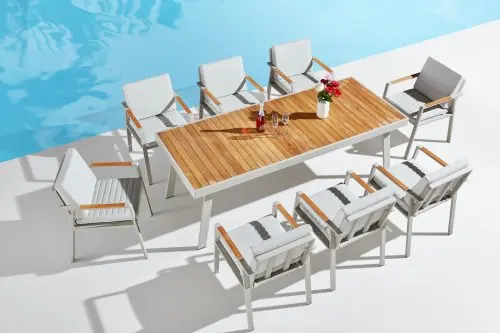 "NOFI" ESSTISCH SET 9-TEILIG AUS ALUMINIUM UND TEAKHOLZ WEIß Preis Gesenkt