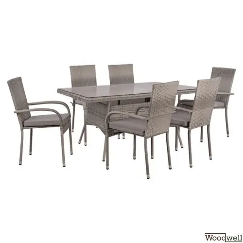Jetzt Kaufen Esstisch-Set 7 Stk. mit Metalltisch 150x90 + Stühle Korb-Rattan-Futter in Grau Ideal für den Außenbereich