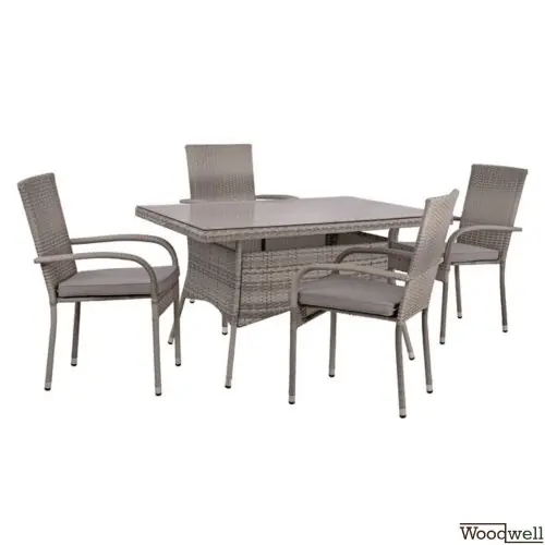 Esstisch-Set 5 Stk. mit Metalltisch 120x70 + Stühle Korb-Rattan-Futter in Grau Ideal für den Außenbereich Bestseller