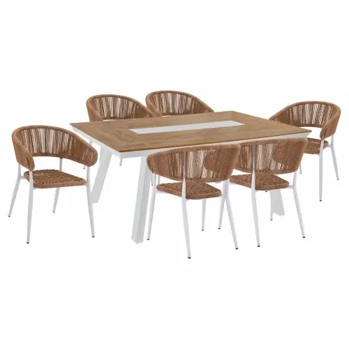 ESSZIMMER-SET 7-TEILIG MIT POLYWOOD TISCH 200X94 & WEISSER SESSEL Zertifiziert