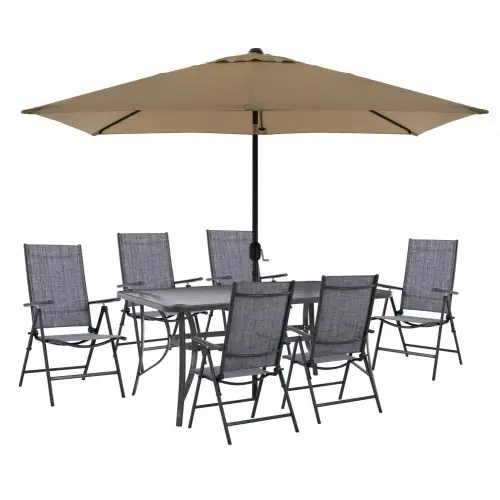 Heißes Angebot ESSZIMMER-SET 8-TEILIG TISCH MIT 7-SITZ-SESSEL & MOKA GRAUER REGENSCHIRM