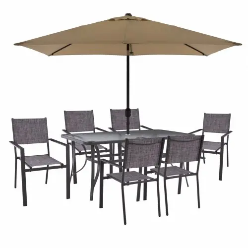 Versand Am Gleichen Tag ESSENSET 8-TEILIG TISCH 150x90 MIT TEXTILINE SESSEL GRAU & SCHIRM 262x170