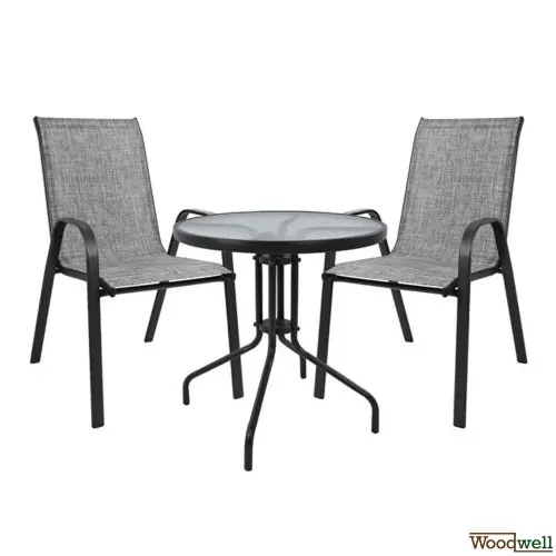 Outdoor-Esstisch-Set mit 1 Metall-Außentisch in grau-anthrazitfarbener Farbe mit eingebautem Sicherheitsglas | 2 Sessel in grau mit textilene Sichere Zahlung
