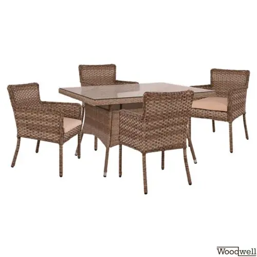 Esstisch-Set 5 Stk. mit Metalltisch 120x70x75 + Sessel Korb-Rattan-Futter in Braun Begrenztes Angebot