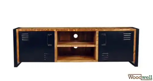 Fernsehschrank aus Mangoholz im Industrie-Look Geprüft