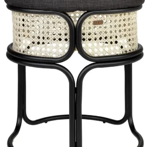 Casa Padrino Designer Hocker Schwarz / Naturfarben Ø 40,5 x H. 49 cm - Runder gepolsterter Sitzhocker mit edlem Rattangeflecht und pulverbeschichtetem Stahlrahmen Jetzt Kaufen