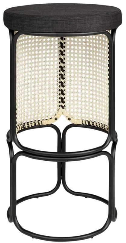 Casa Padrino Designer Barhocker Schwarz / Naturfarben Ø 40,5 x H. 75,5 cm - Runder gepolsterter Barstuhl mit edlem Rattangeflecht und pulverbeschichtetem Stahlrahmen Sofort Bestellen