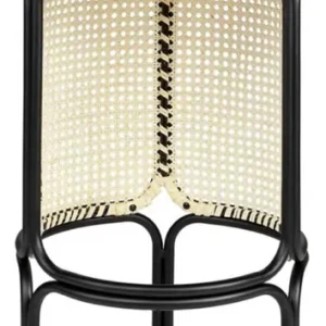 Casa Padrino Designer Barstuhl mit Rückenlehne Schwarz / Naturfarben Ø 40,5 x H. 90 cm - Runder gepolsterter Barhocker mit edlem Rattangeflecht und pulverbeschichtetem Stahlrahmen Bestseller