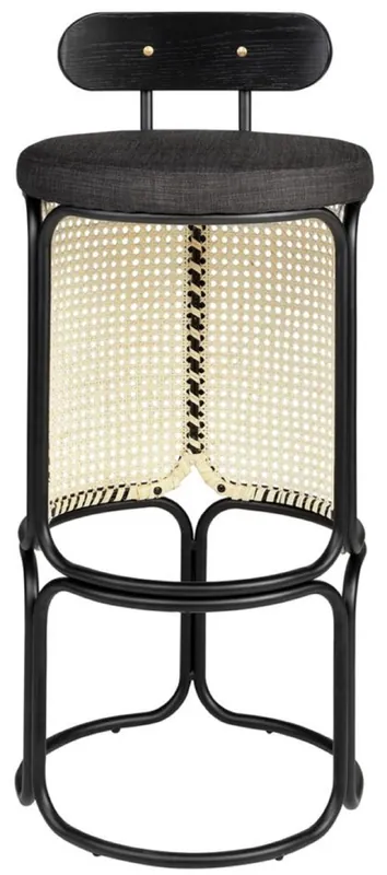 Casa Padrino Designer Barstuhl mit Rückenlehne Schwarz / Naturfarben Ø 40,5 x H. 90 cm - Runder gepolsterter Barhocker mit edlem Rattangeflecht und pulverbeschichtetem Stahlrahmen Bestseller