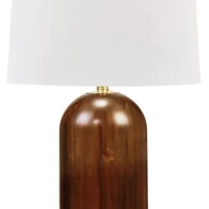Wochenendangebot Casa Padrino Luxus Tischleuchte Braun / Antik Messing / Weiß Ø 40,6 x H. 66 cm - Elegante Massivholz Tischlampe mit rundem Leinen Lampenschirm