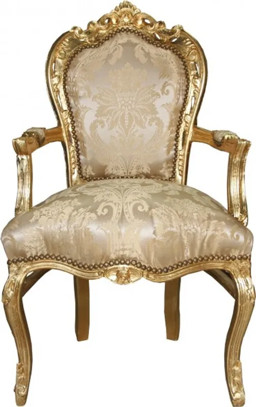 Casa Padrino Barock Esszimmerstuhl Creme Blumen Muster / Gold mit Armlehnen - Möbel Meistverkauft
