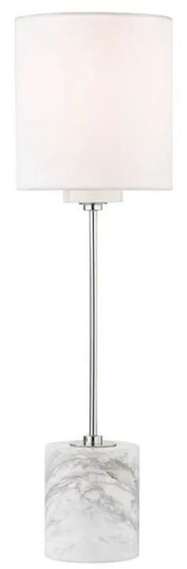 Casa Padrino Luxus Tischleuchte Silber / Weiß Ø 15,9 x H. 55,9 cm - Moderne runde Tischlampe mit Lampenschirm aus Kunstseide und Marmorsockel Top-Angebot