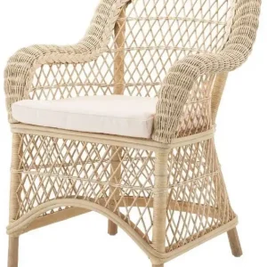 Casa Padrino Luxus Rattan Esszimmerstuhl mit Armlehnen und Kissen Naturfarben / Cremefarben 63 x 68 x H. 88 cm - Esszimmermöbel Sonderaktion