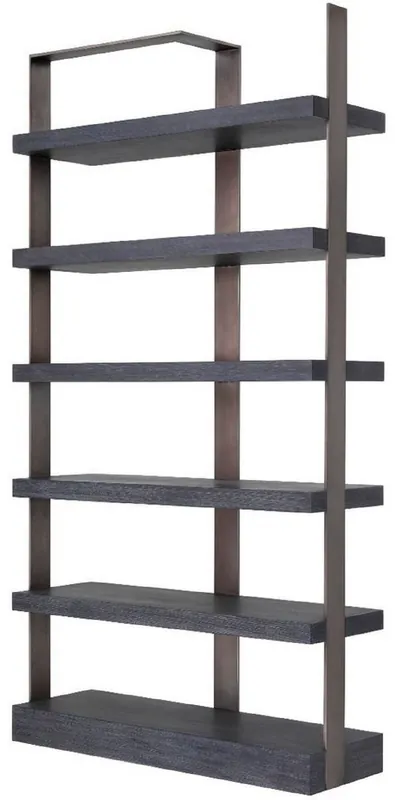 Casa Padrino Luxus Regalschrank Schwarz / Bronze 120,5 x 40 x H. 230 cm - Eichenfurnier Schrank mit Edelstahlrahmen - Bücherschrank - Luxus Wohnzimmer Möbel Sofort Bestellen