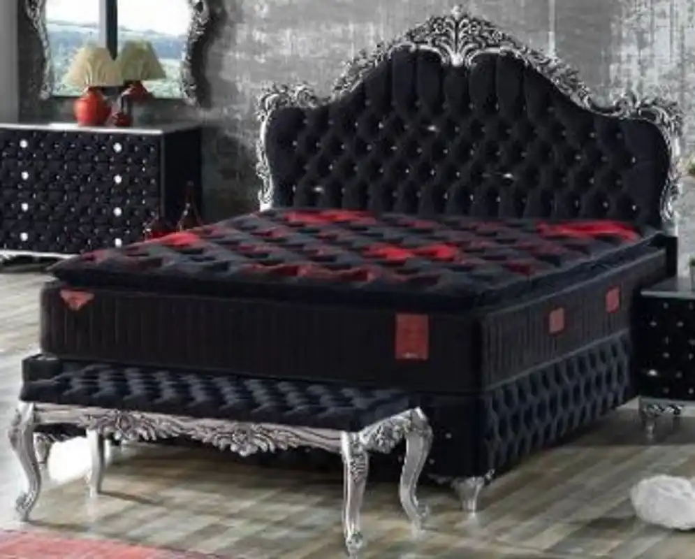 Online Kaufen Casa Padrino Barock Doppelbett Schwarz / Silber - Prunkvolles Samt Bett mit Glitzersteinen und Matratze - Komplett Set
